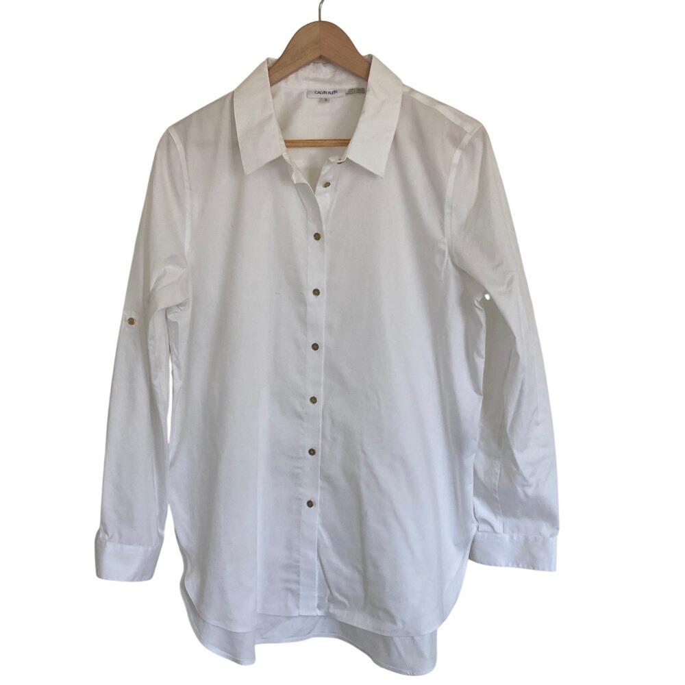 Calving Klein Womens White Button Up Tunic Shirt Size Large Classic Cotton LS